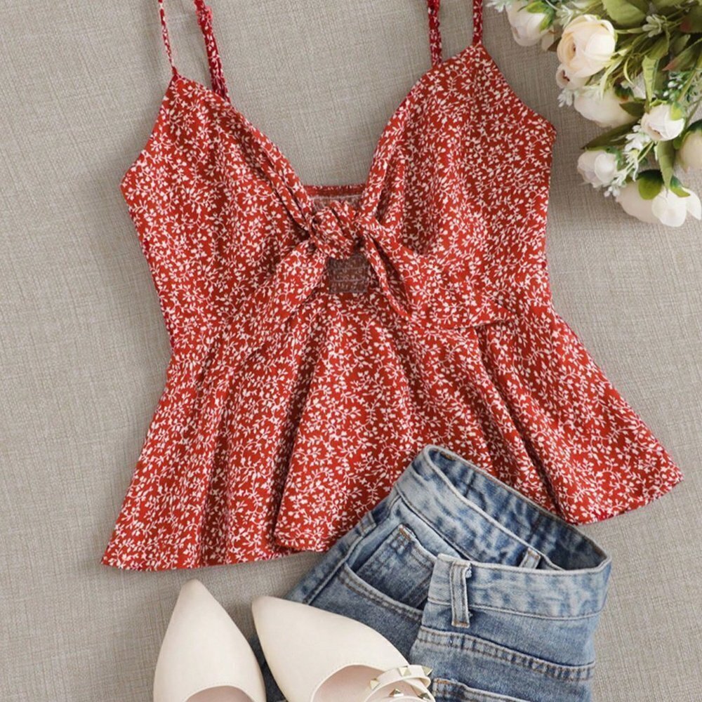 Red and White Boho Womens Ditsy Floral Self-Tie Cami Peplum Top